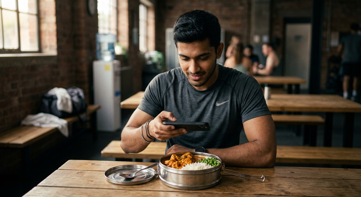 Indian fitness client photographing his meal
