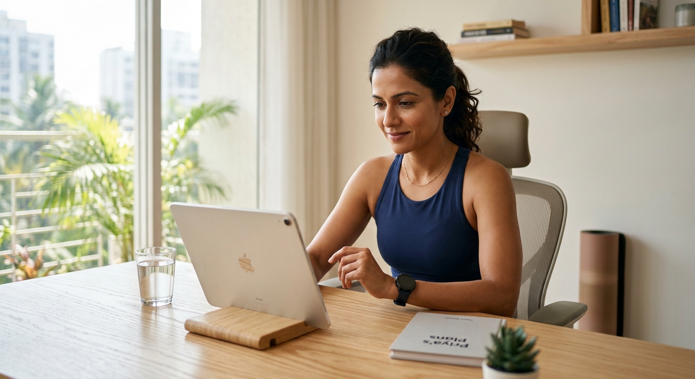 Fitness coach reviewing client progress on a tablet